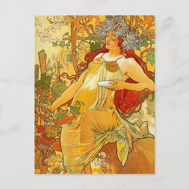 Postal Alphonse Mucha Art Nouveau Otoño (Anverso)