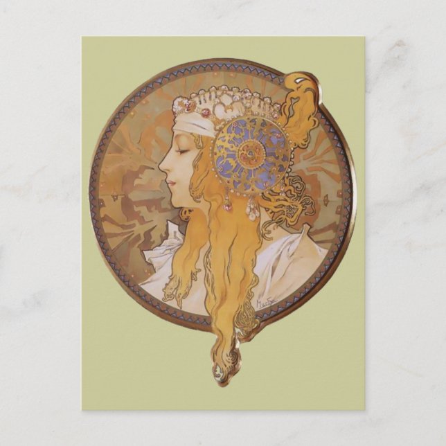 Postal Alphonse Mucha ~ Cabeza bizantina: La rubia (Anverso)