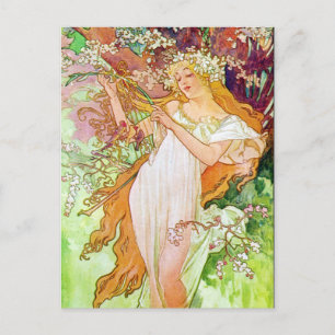 Postal Alphonse Mucha Chica En Jardín