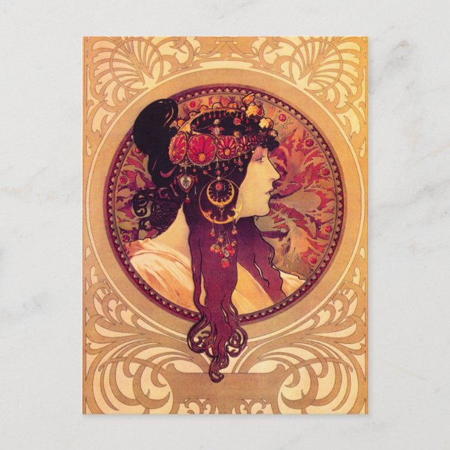 Postal Alphonse Mucha Donna Orechini Postcard (Anverso)