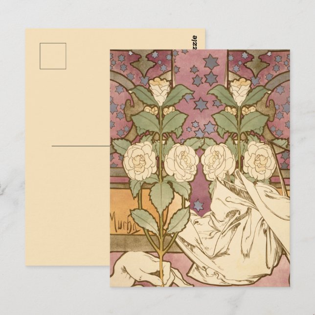 Postal Alphonse Mucha Elegante Estrellas Art Nouveau Came (Anverso / Reverso)