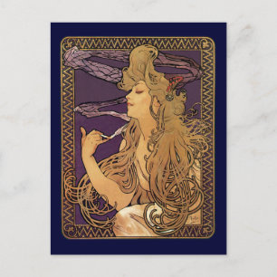 Postal Alphonse Mucha Elegante Fumar