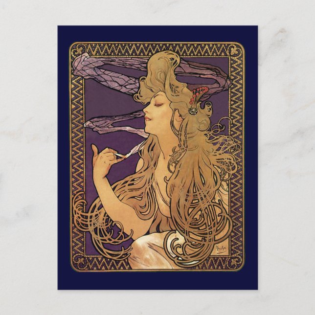 Postal Alphonse Mucha Elegante Fumar (Anverso)