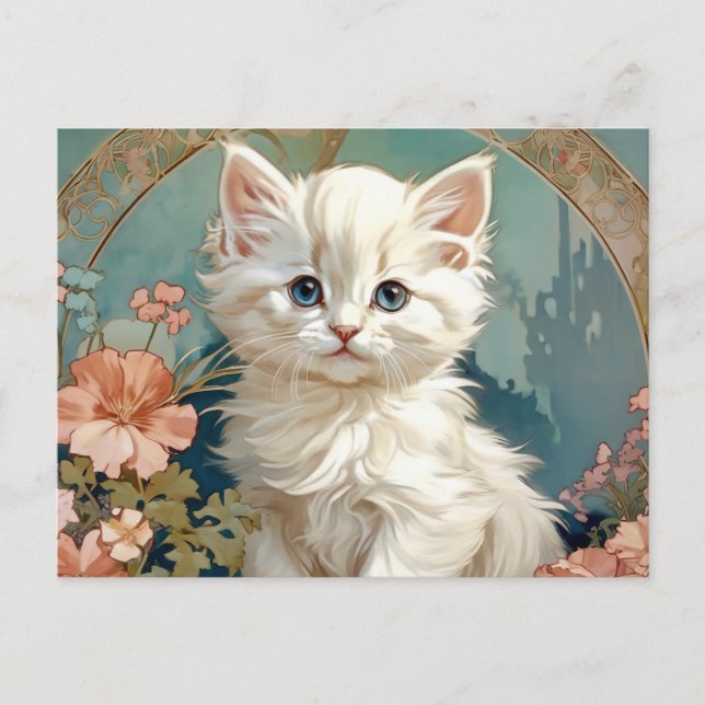 Postal Alphonse Mucha Estilo Gato Blanco (Anverso)