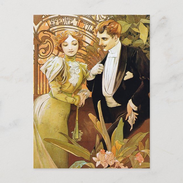 Postal Alphonse Mucha Flirt Vintage Romantic Art Nouveau (Anverso)