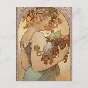 Postal Alphonse Mucha Frutas Art Nouveau Vintage Doncella