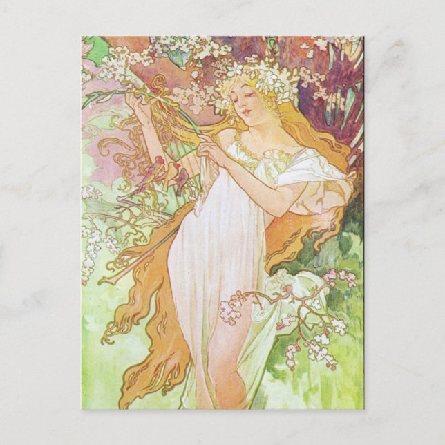 Postal Alphonse Mucha Girl In Garden Art Nouveau Artwork  (Anverso)