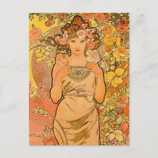 Postal Alphonse Mucha La Postcarta Rosa (Anverso)