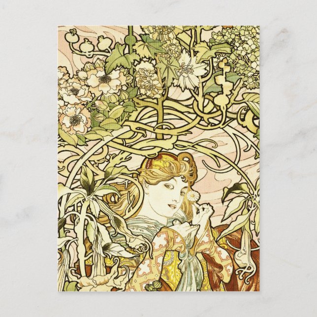 Postal Alphonse Mucha - Lady With Daisy 1898 (Anverso)