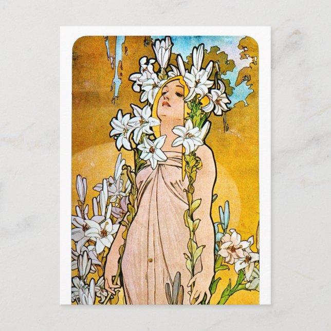 Postal Alphonse Mucha - Lily - Frontera Blanca (Anverso)