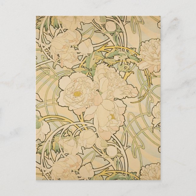 Postal Alphonse Mucha Peonies Peony Rosas Fawn 1897 (Anverso)