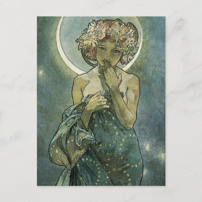 Postal Alphonse Mucha Sorprendente Mujer Art Nouveau #18 (Anverso)
