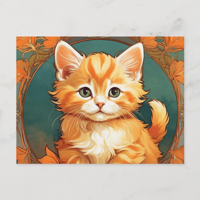 Postal Alphonse Mucha Style Naranja Cat (Anverso)