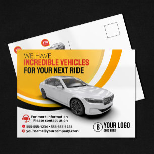 Postal Alquiler de coche amarillo profesional automóvil