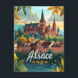 Postal Alsace Francia<br><div class="desc">Una pintoresca y nostálgica representación de Alsacia, Francia, famosa por sus encantadores pueblos, sus frondosos viñedos y paisajes pintorescos. El diseño captura las casas de entramado de madera, los viñedos ondulados y las pintorescas calles de pueblos como Estrasburgo y Colmar. La obra de arte, de estilo vintage, evoca la belleza...</div>