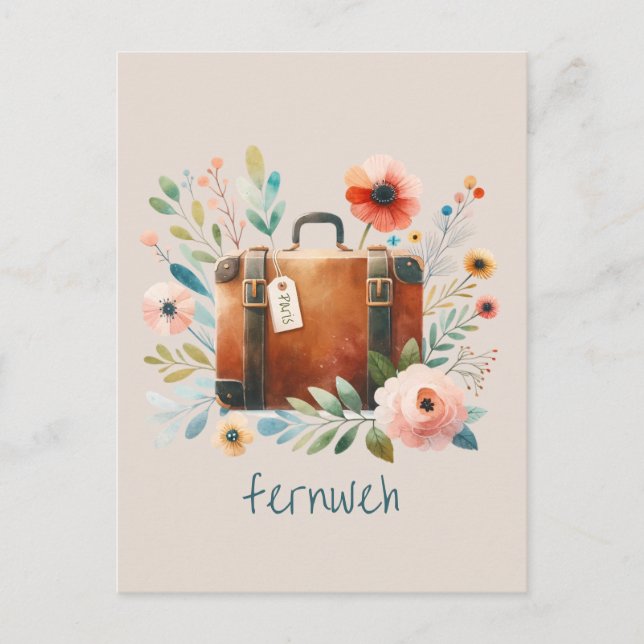 Postal Alter Koffer mit Blumen- fernweh-personalisierbare (Anverso)
