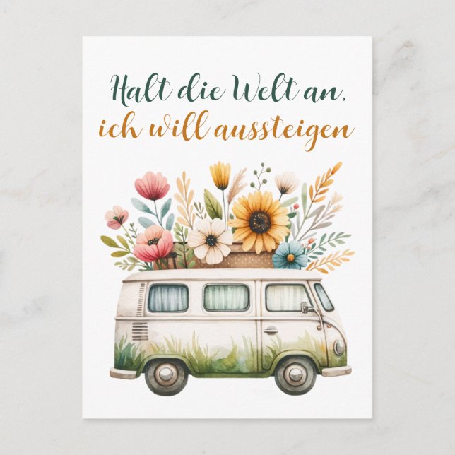 Postal Alter Van mit Blumen- Hippiebus mit Blumen (Anverso)