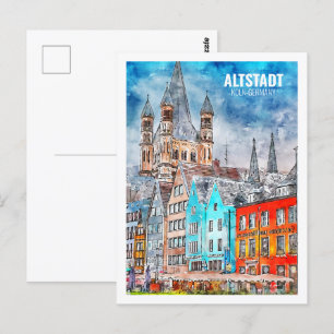 Postal Altstadt Koln Alemania famosa acuarela de viajes