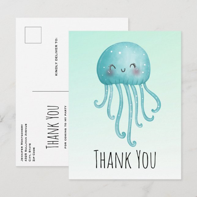 Postal Amabilidad y alegría Blue-Green Jellyfish Gracias (Anverso / Reverso)