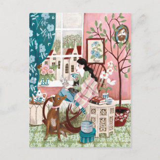 Postal Amable y acogedor color rosa ilustracion de lectur