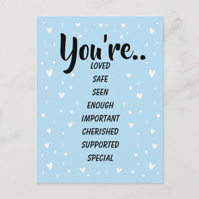 Postal Amado Seguro Suficiente AZUL| Inspirador Amable (Anverso)