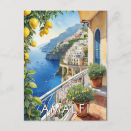 Postal Amalfi Coast Lemon Balcony Ocean View Retro Travel