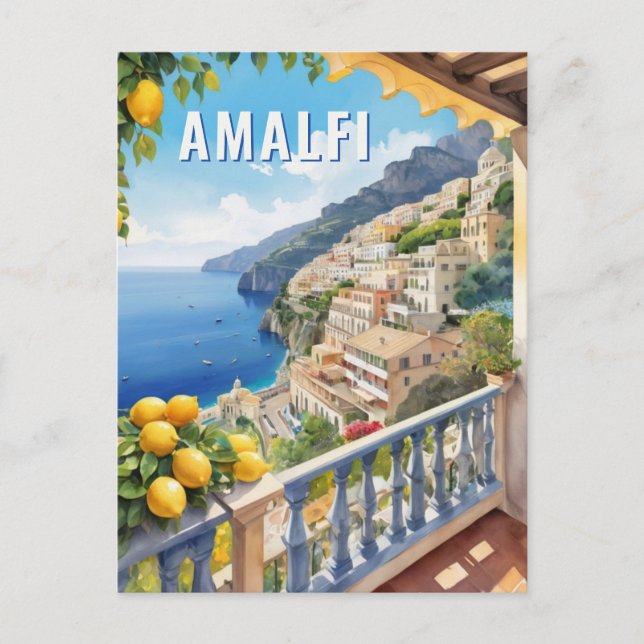 Postal Amalfi Coast Lemon Balcony Sea View Retro Travel (Anverso)