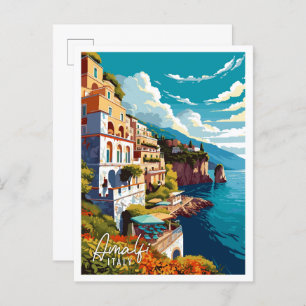 Postal Amalfi Italia ilustracion de viajes Art Vintage
