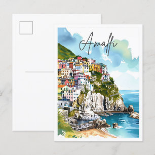 Postal Amalfi Italia Ilustracion de viajes de arte vintag