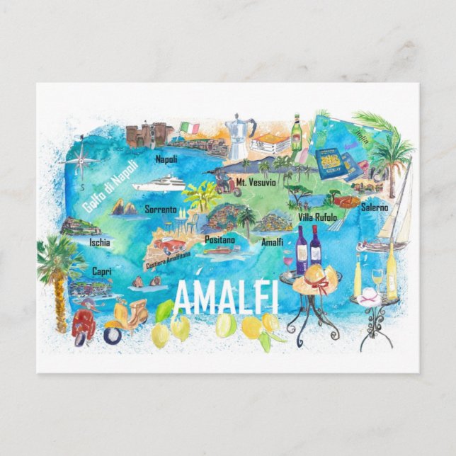 Postal Amalfi Italia Ilustración Mapa de Viajes Mediterrá (Anverso)