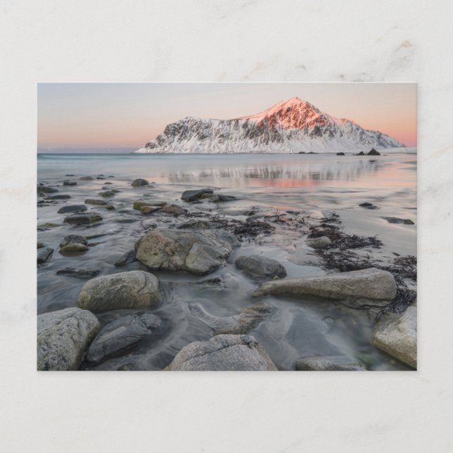 Postal Amanecer Flakstad y playa Skagsanden (Anverso)