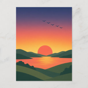 Postal Amanecer sobre paisaje de lago de colinas ondulada