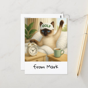 Postal Amante del gato de golf está en la cama