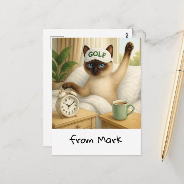 Postal Amante del gato de golf está en la cama (Anverso/Reverso In Situ)