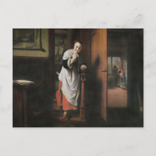 Postal Amantes con una mujer escuchando