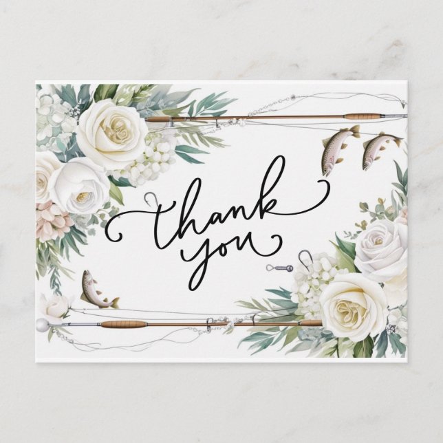 Postal Amantes de la pesca Gracias con pescado y flores (Anverso)