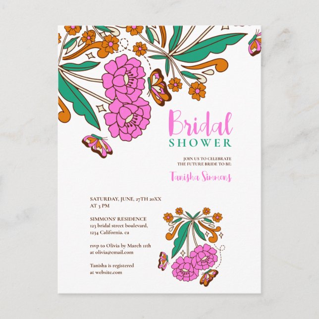 Postal Amantes de las Mariposas Rosa Floral Script Nupcia (Anverso)