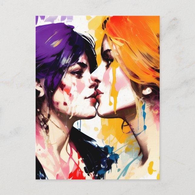 Postal Amantes lesbianas besan salpicaduras de pintura co (Anverso)