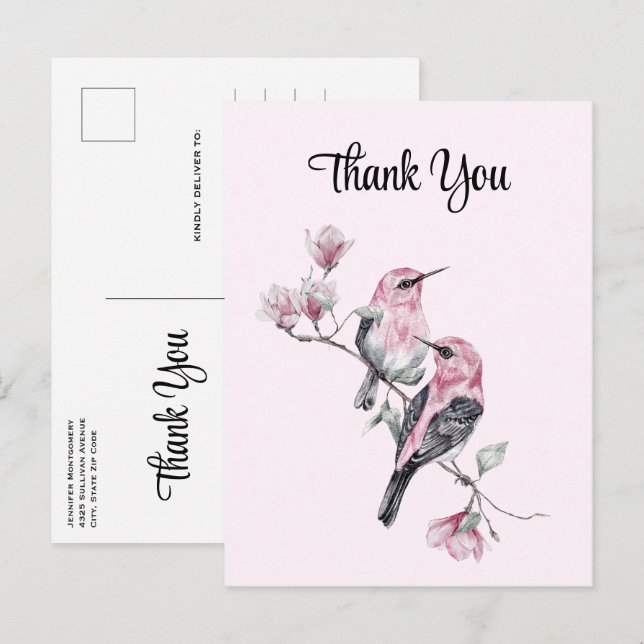 Postal Amantes rosados en una rama de árbol gracias (Anverso / Reverso)