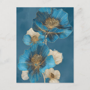 Postal Amapola Floral Pop Art Línea de Oro Azul Elegante