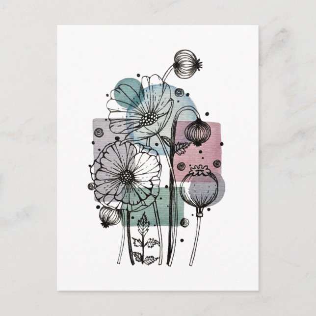 Postal Amapolas Doodle En Tinta Y Acuarela (Anverso)