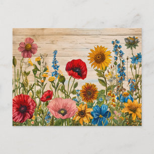 Postal Amapolas y flores silvestres en madera rústica sua