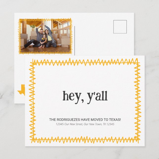 Postal Amarillo Hey Y'all - Trasladado a Texas (Anverso / Reverso)
