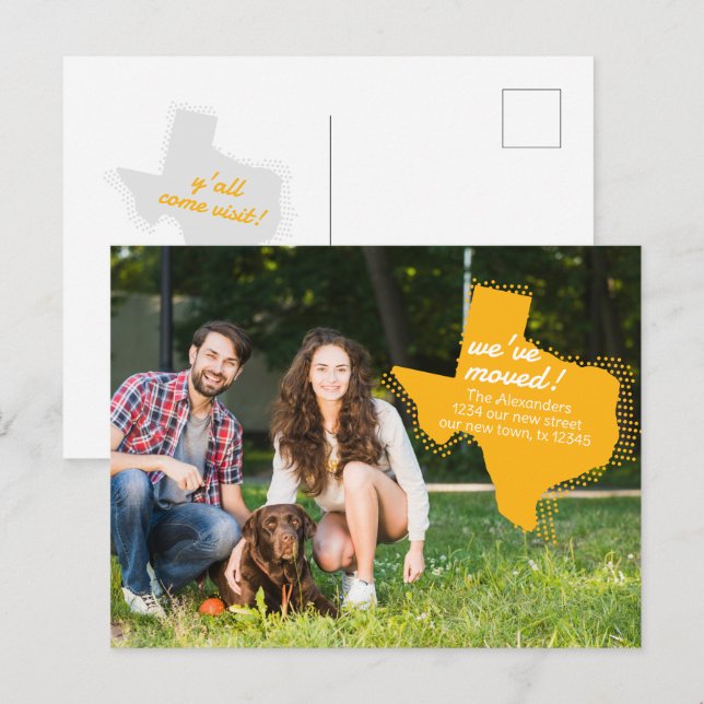 Postal Amarillo que nos hemos mudado - Tejas montadas mov (Anverso / Reverso)