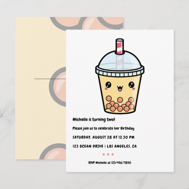 Postal Amber Naranja Kawaii Bubble Tea Birday Party (Anverso / Reverso)