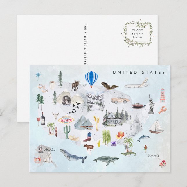 Postal América | Mapa de acuarela ilustrado de Estados Un (Anverso / Reverso)