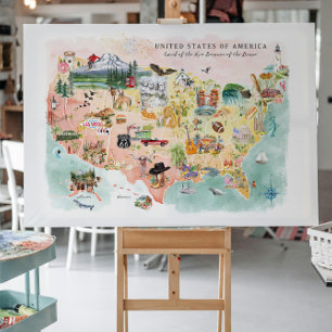 Postal América   Mapa ilustrado de EE. UU. en acuarela