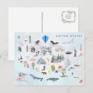 Postal América Mapa ilustrado de EE. UU. en acuarela