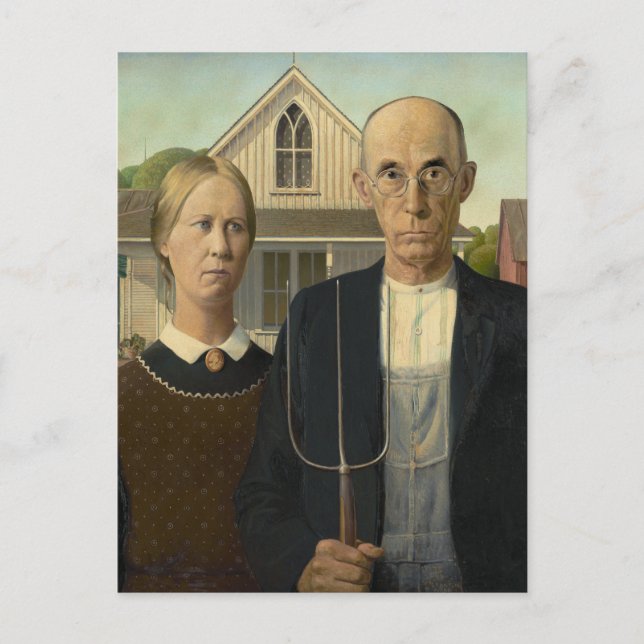 Postal American Gothic Grant Wood Granjero Casa de campo  (Anverso)