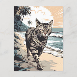 Postal American-Shorthair-Cat en una playa tropical